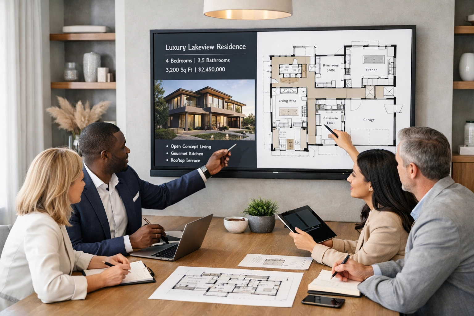 Diverse NC real estate team reviewing digital floor plans during a professional home consultation.