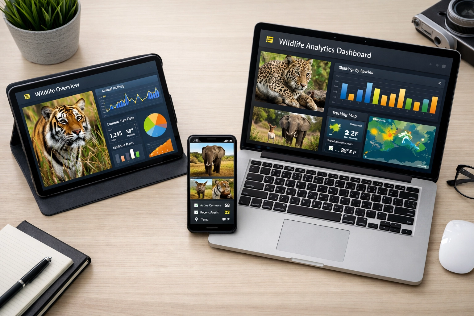 Multiple devices displaying wildlife marketing analytics dashboards and daily performance insights