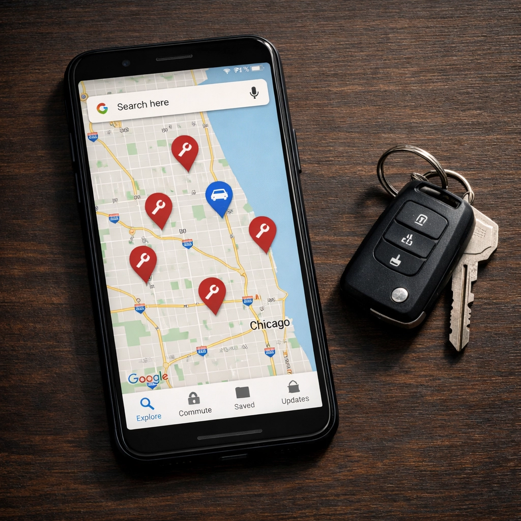 Google Maps on smartphone showing towing service area with location pins for local SEO