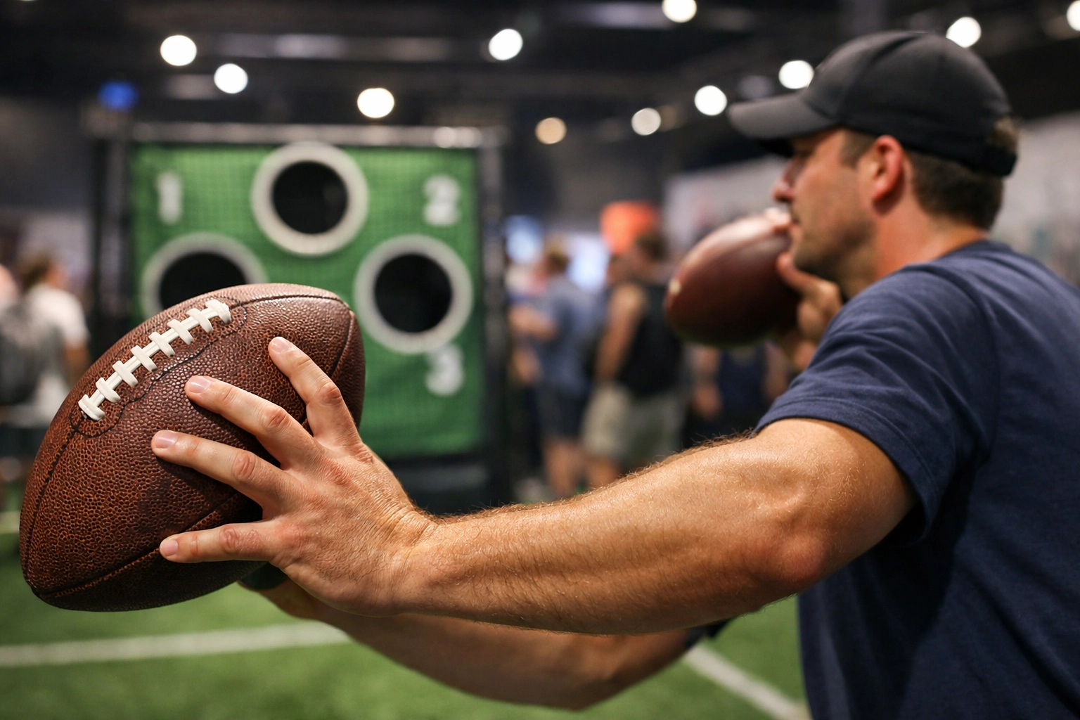Fan participating in interactive football throwing activity at Super Bowl Experience exhibit