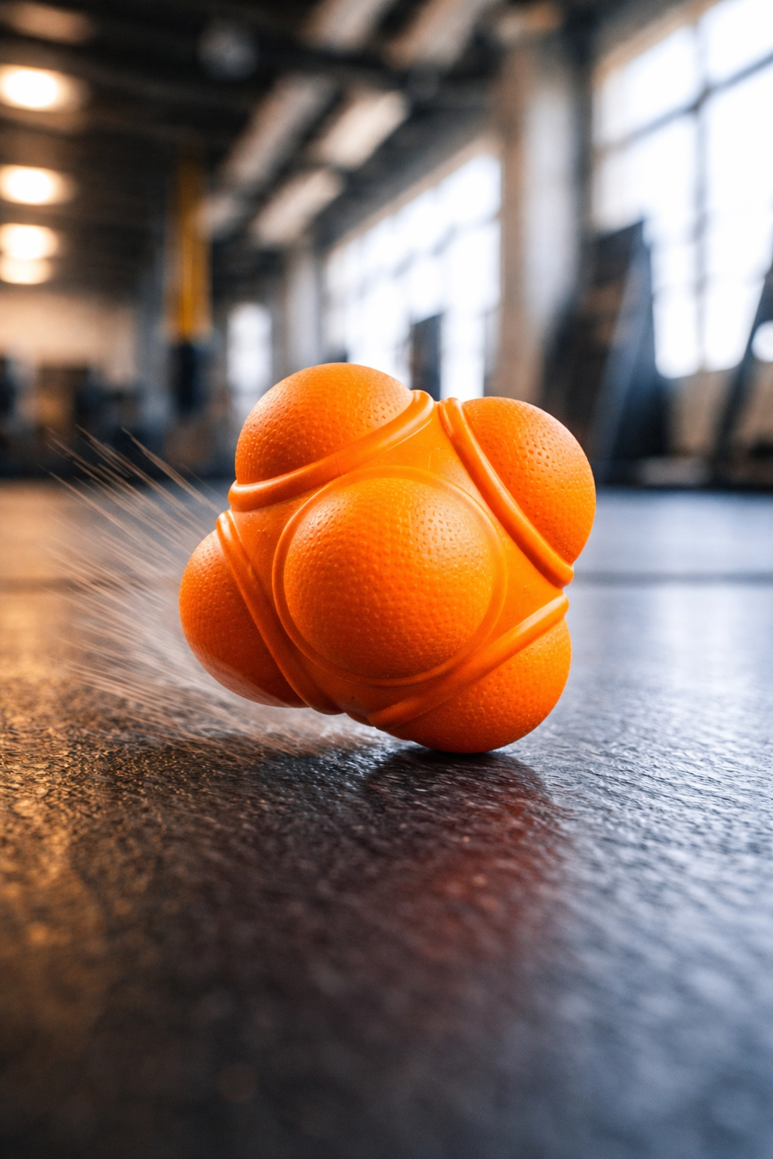 Bright orange reaction ball mid-bounce on a gym floor, demonstrating unpredictable reflex training.