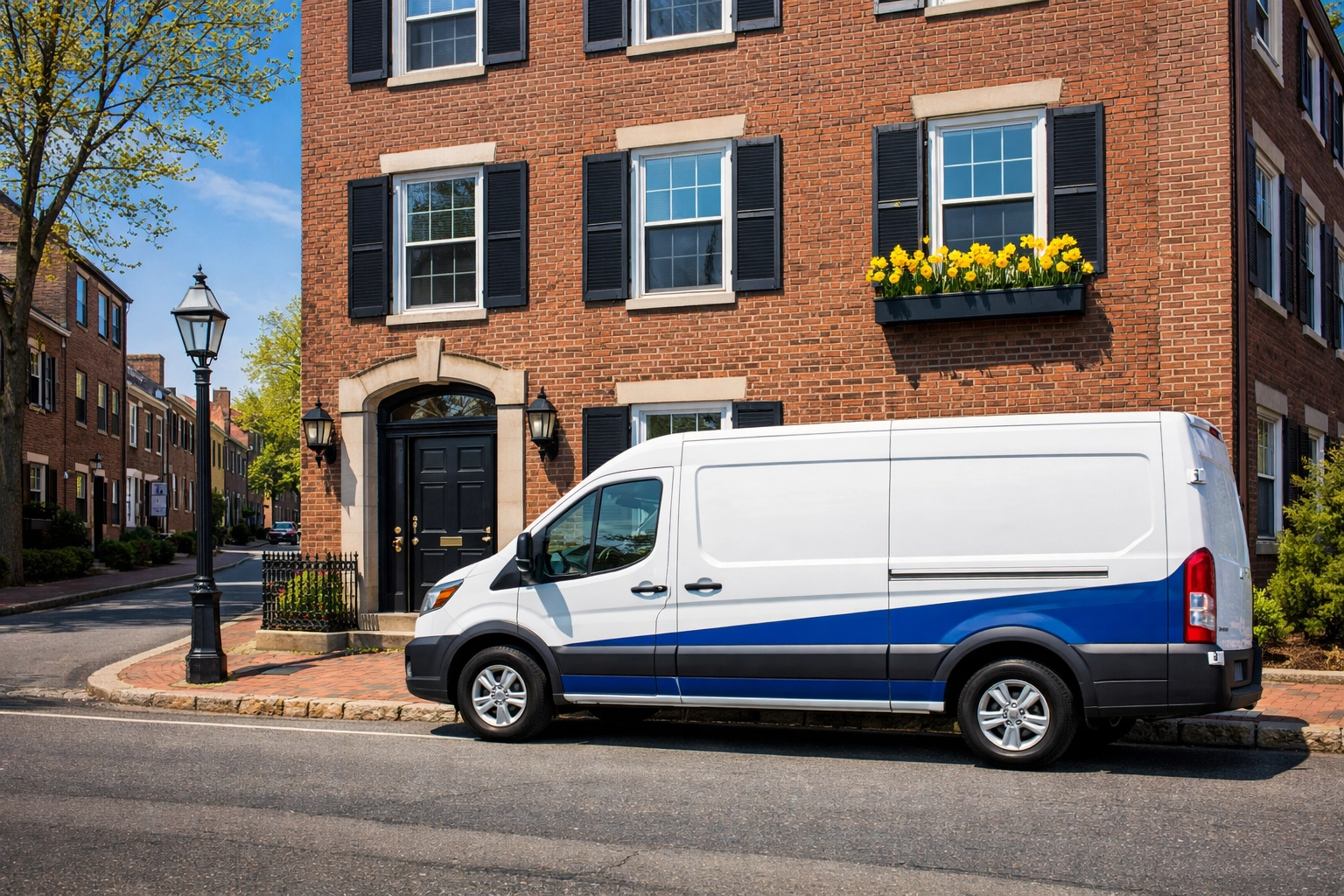Professional maid service Cambridge van parked in front of a historic Harvard Square brick home.