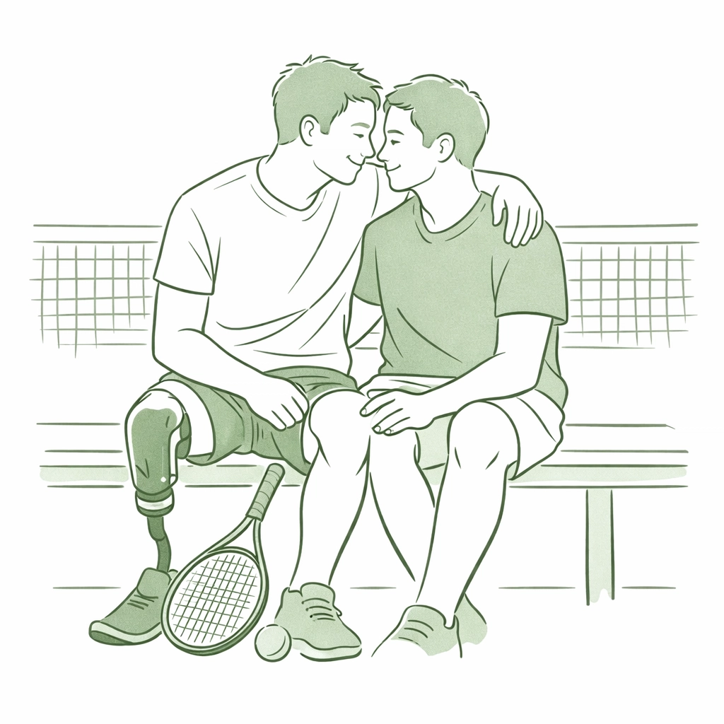 Minimalist illustration of a gay Paralympic tennis player and his partner on a court, representing MM romance.