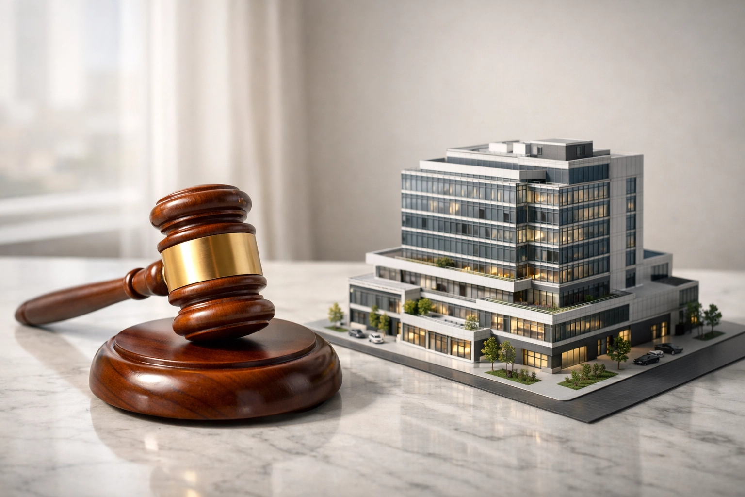 Gavel and business building model representing legal division of assets in Florida high-net-worth divorce