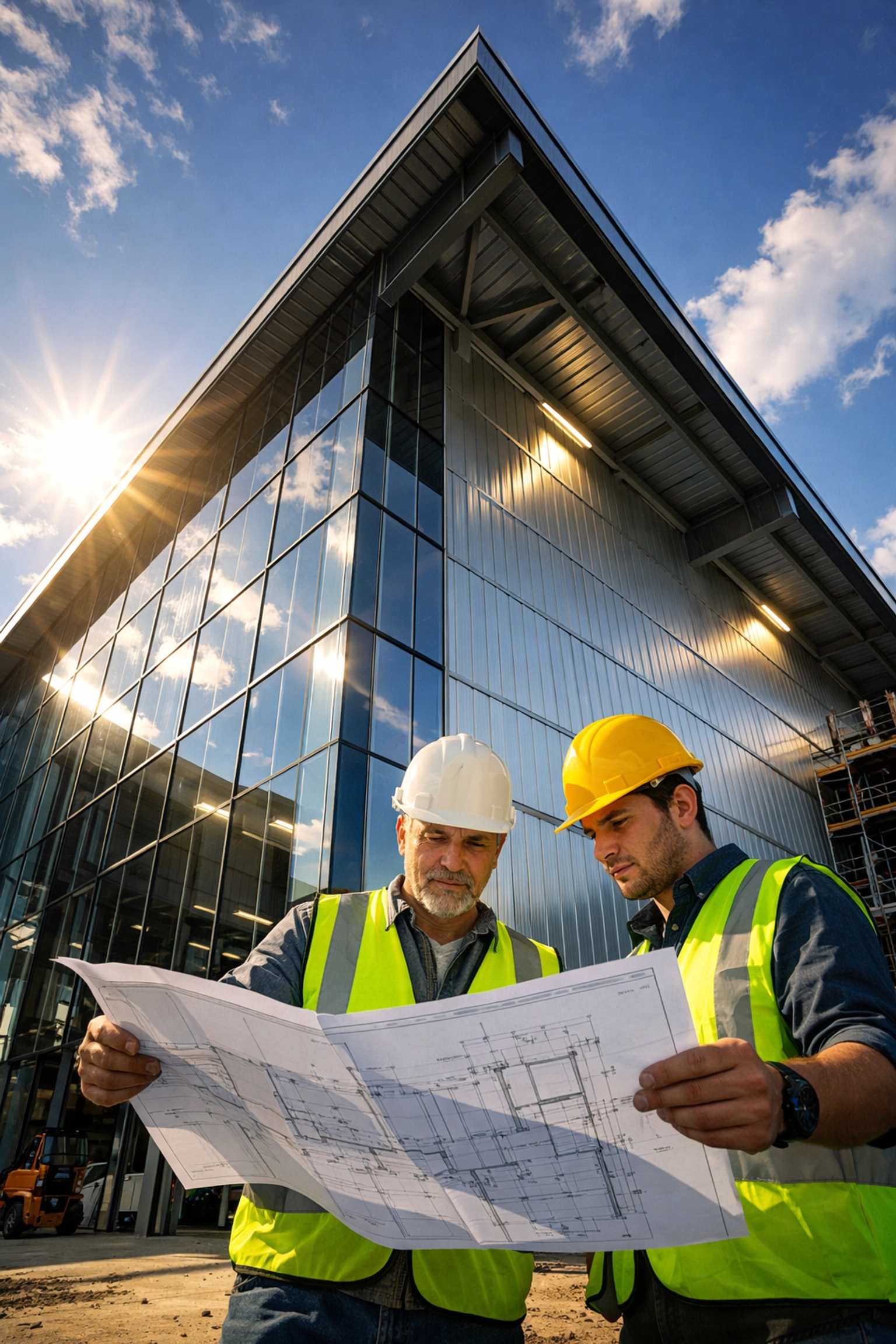 Construction workers planning industrial warehouse project for UK's late 2026 recovery