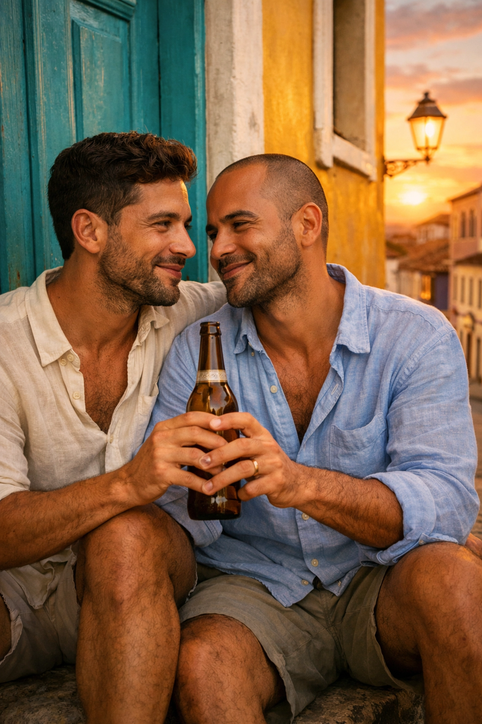 Two men sharing a romantic moment in Salvador, reflecting a gay contemporary romance theme.