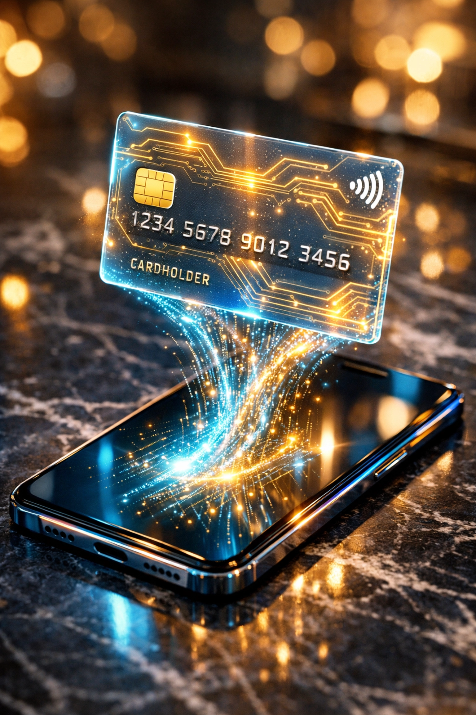 Digital payment card and smartphone illustrating fast push-to-card services for LUSD stablecoin liquidity.