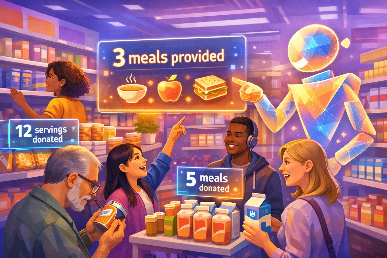 AI-powered shopping assistant displaying real-time meal impact calculations for crypto purchases