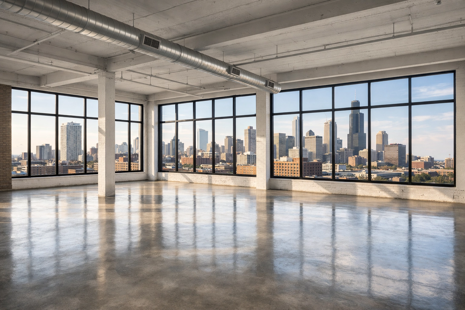 Pristine empty loft in a Midwest city showing the results of a professional deep cleaning service.