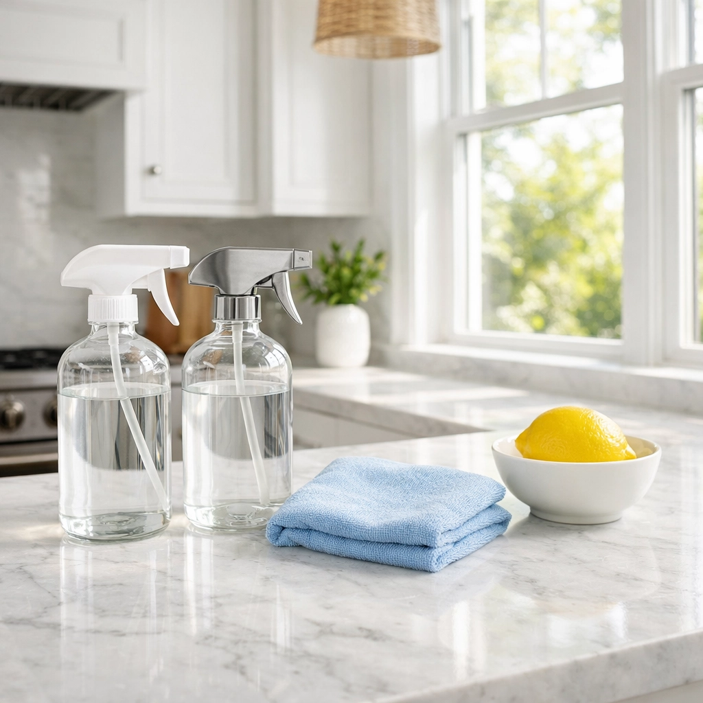 Eco-friendly professional cleaning service in Hingham using green supplies in a pristine marble kitchen sanctuary.