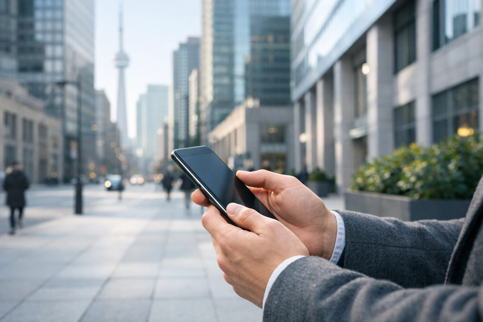 Applying for a payday loan online in Alberta using a smartphone in a Canadian city.