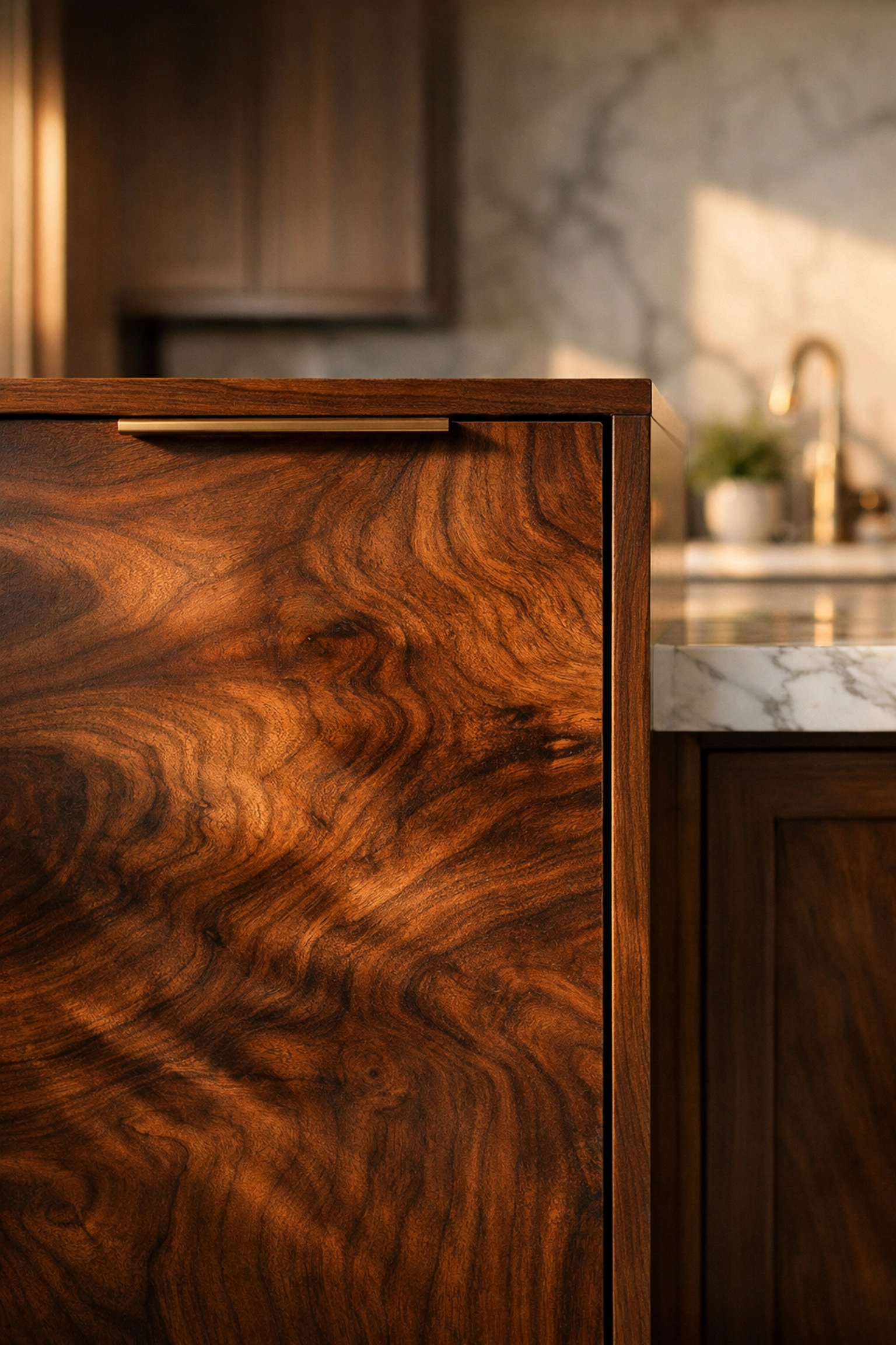 Professional cabinet refinishing in Austin showcasing natural walnut wood grain and satin finish.