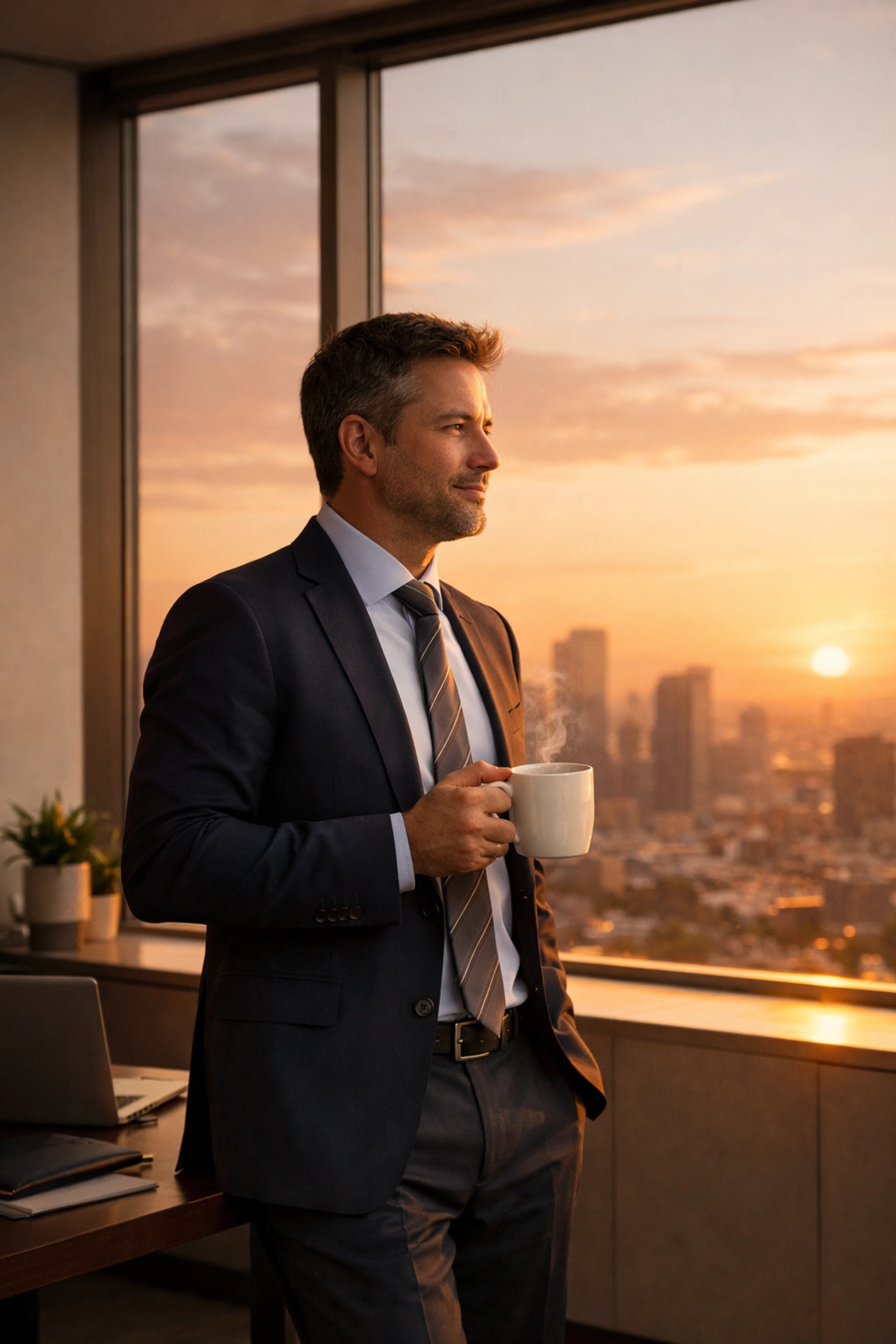 CEO reflexionando sobre la gestión del cambio y liderazgo empresarial en una oficina moderna.