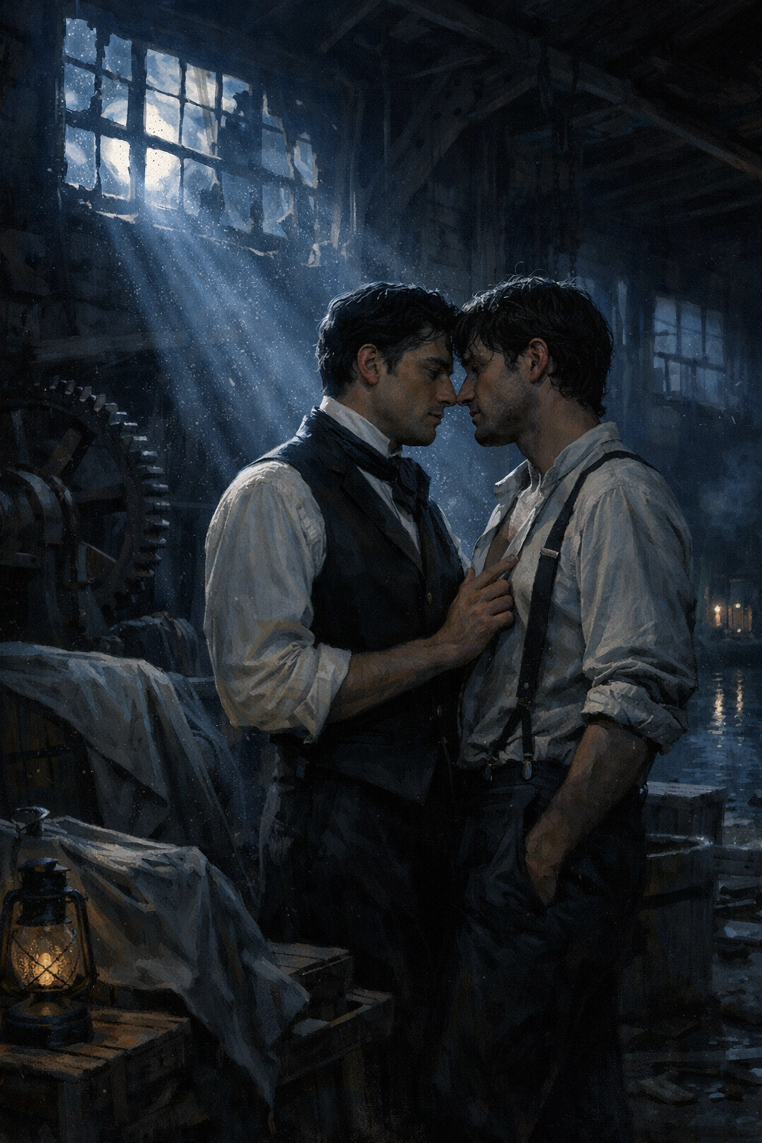 Secret warehouse meeting between factory owner and worker in Victorian gay romance