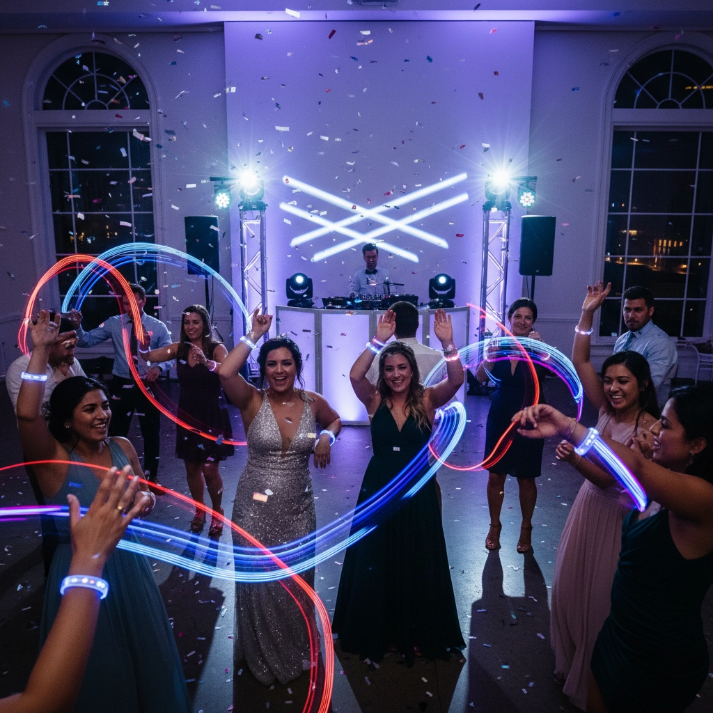 People dancing under colorful lights with DJ in the background. Festive mood with confetti and glowing wristbands in an elegant hall.