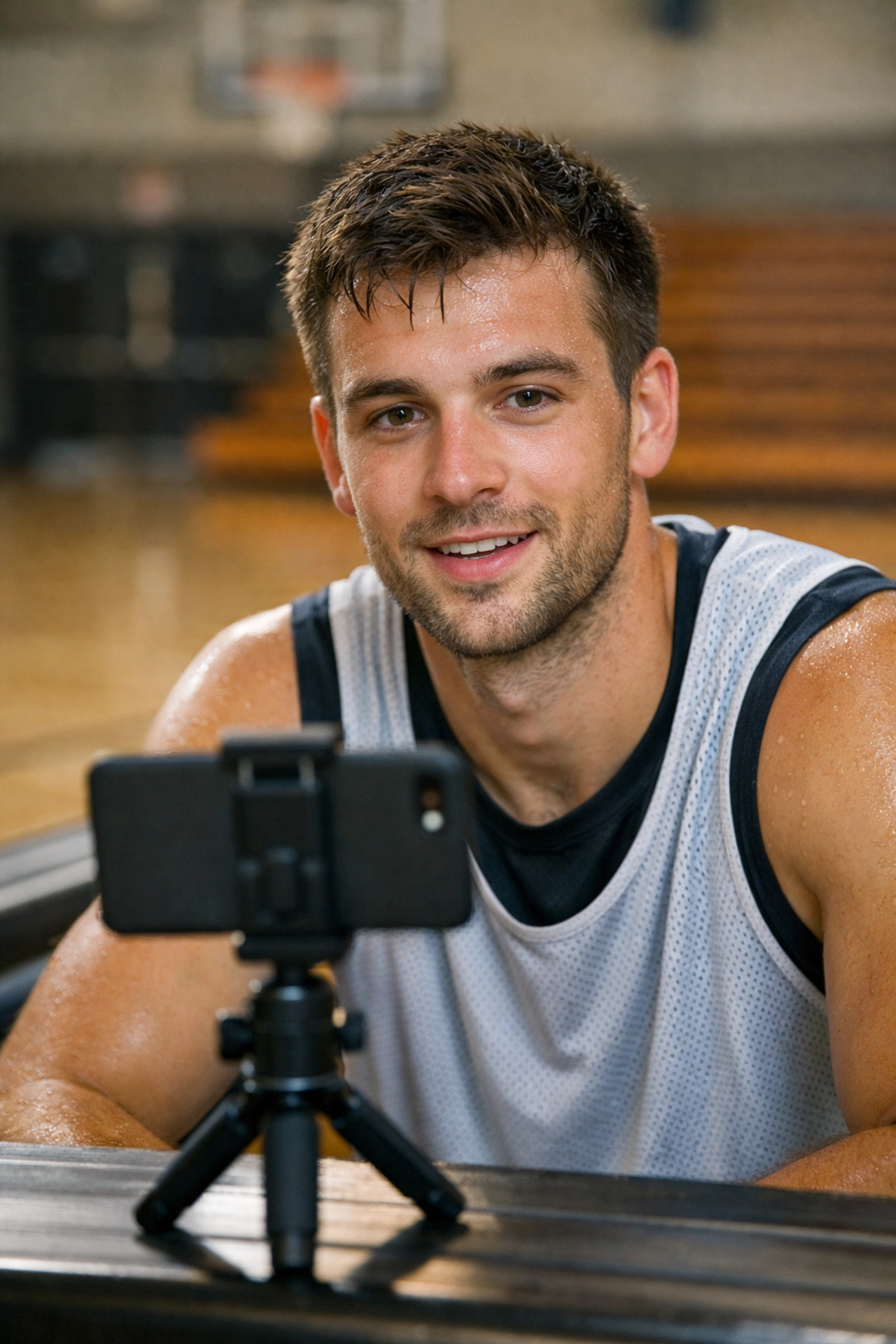 A student-athlete recording a personalized social media video for a Super Bowl NIL brand partnership.