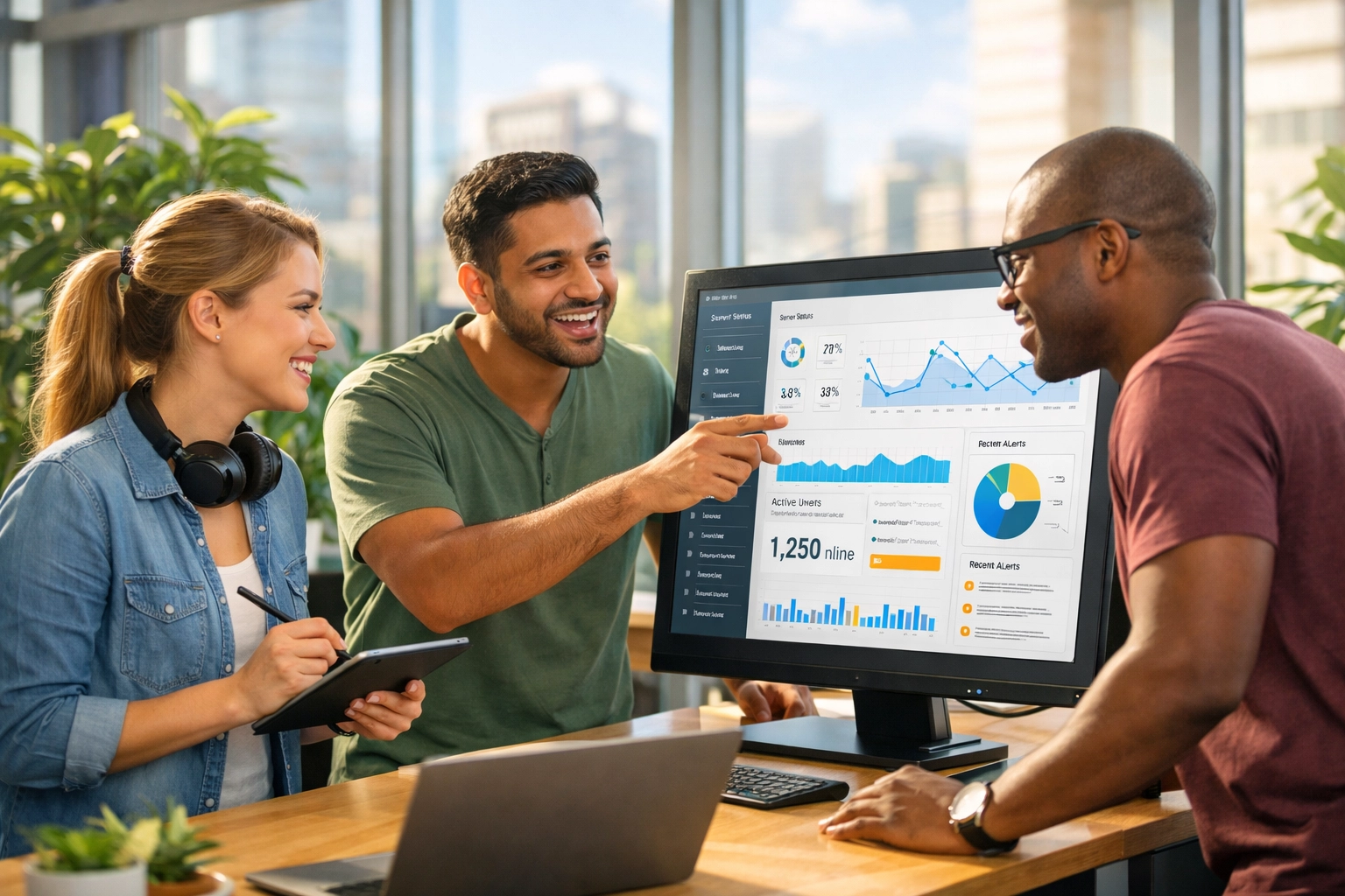 IT team collaborating on a ServiceNow ITOM dashboard in a modern, collaborative office environment.