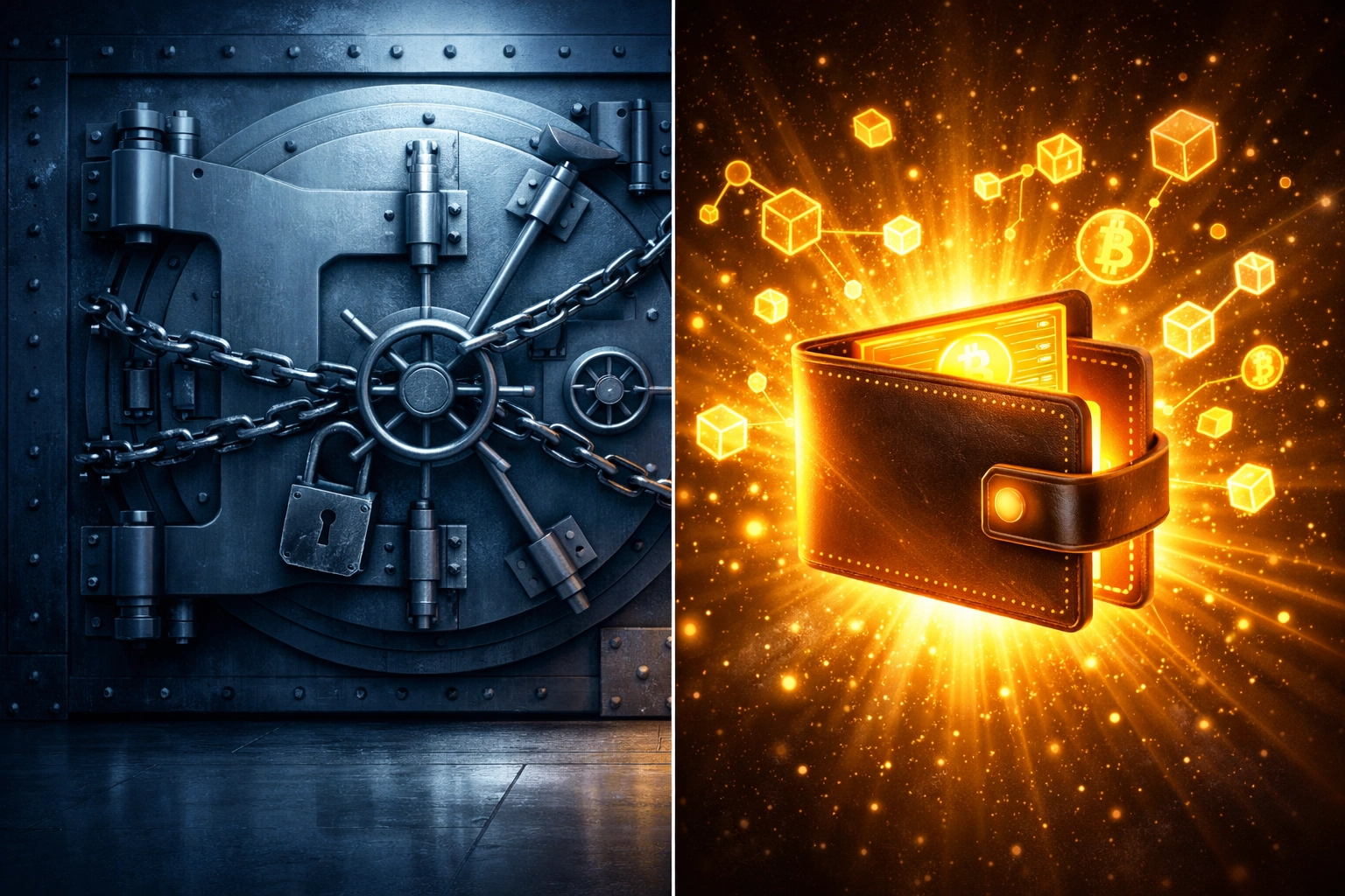 Self-custody crypto wallet versus custodial vault illustrating Web3 payment freedom