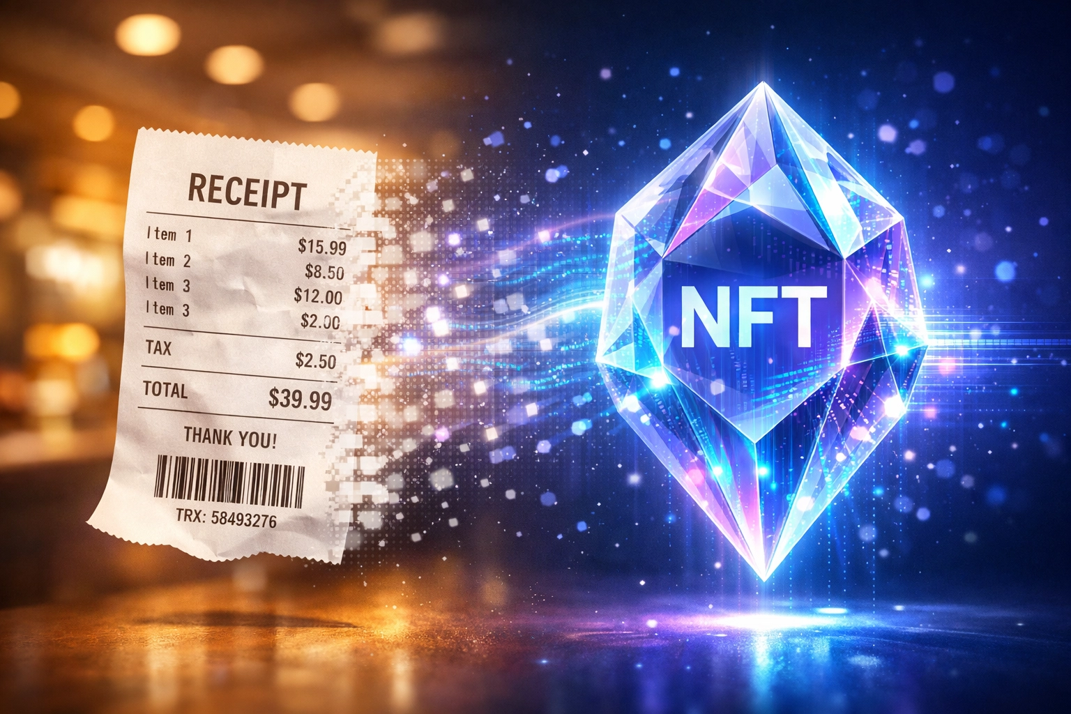 Traditional receipt transforming into NFT blockchain-verified transaction proof on Larecoin