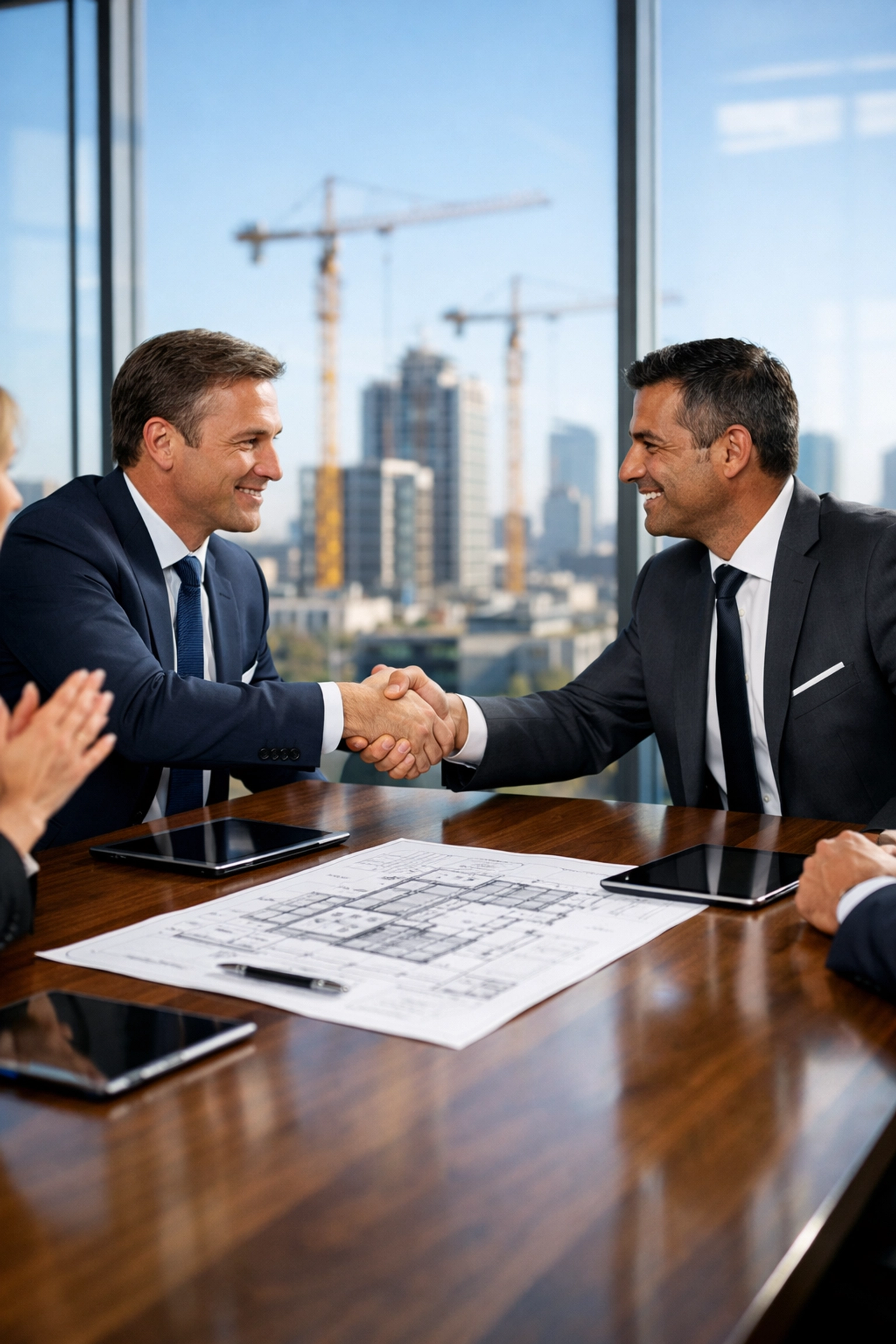 Executives shaking hands in a boardroom to finalize a strategic workforce development partnership.