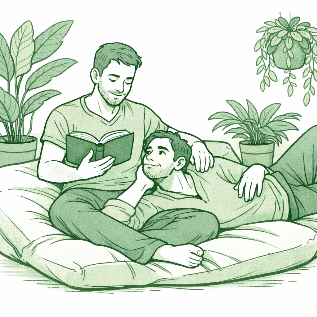 Cozy illustration of two men reading an MM romance book together, highlighting the joy of queer stories.