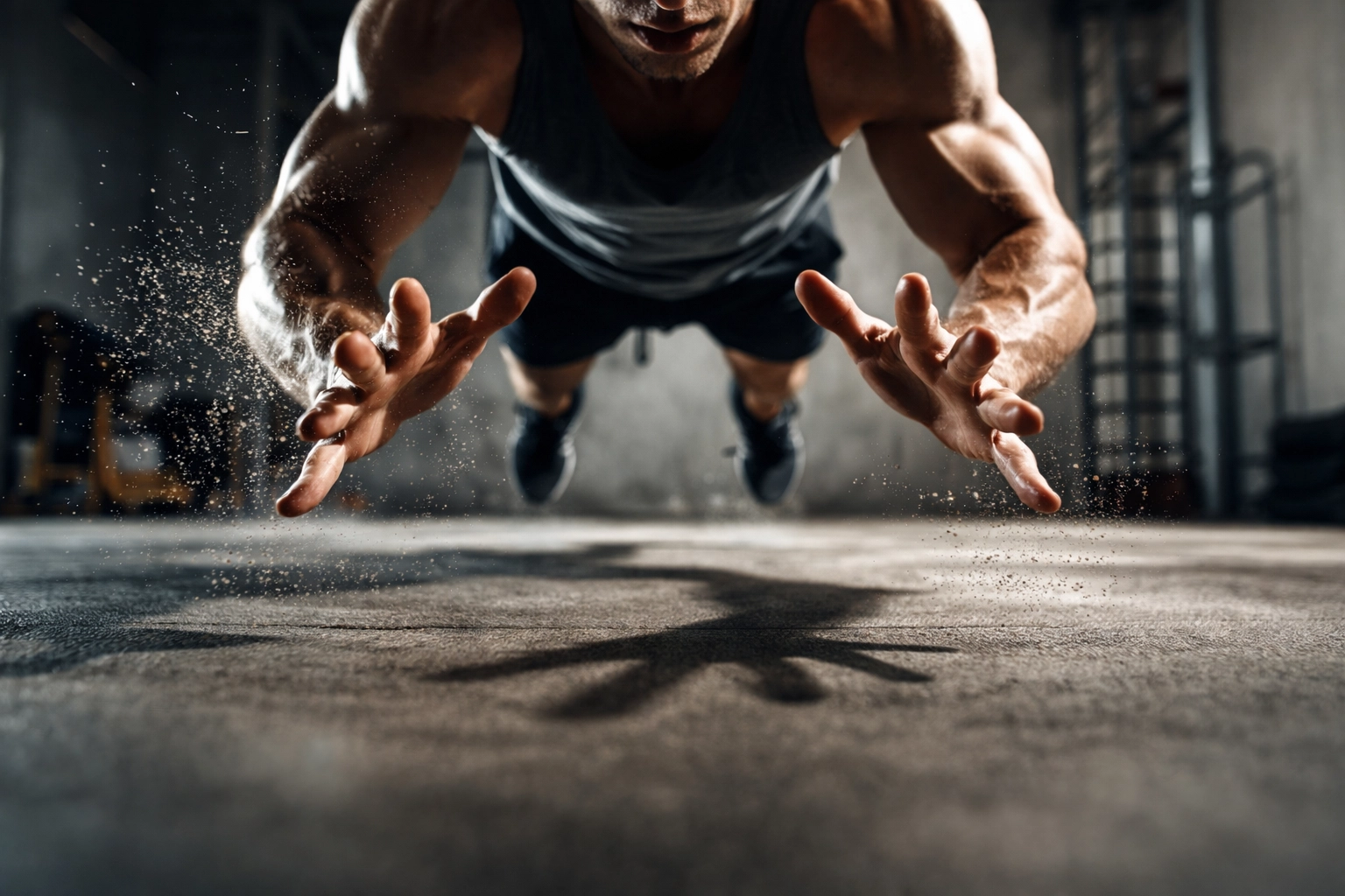Explosive clapping push-up in a minimalist home gym, highlighting dynamic bodyweight training at home