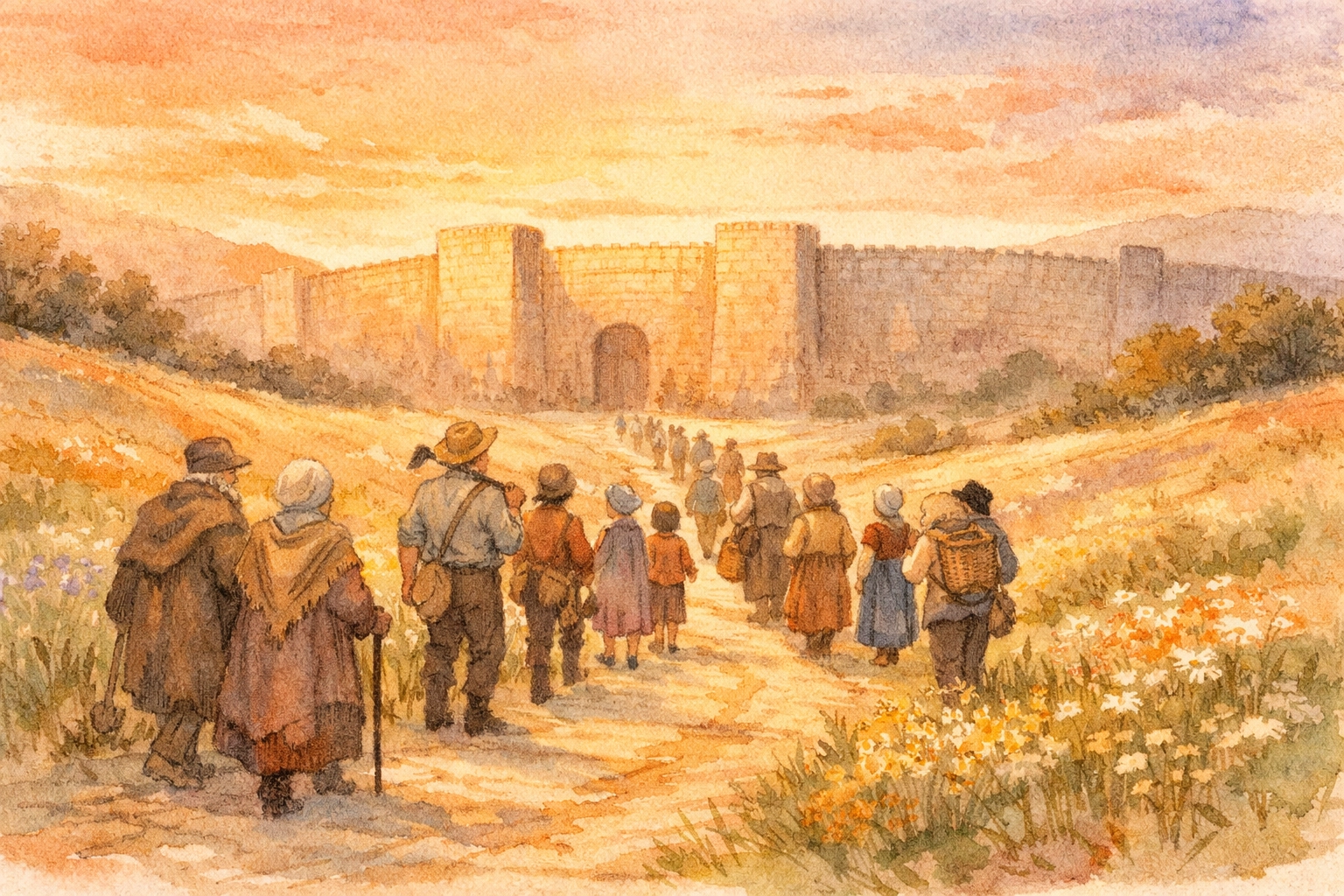 People walking together toward the King's Garden gate in illustrated salvation story for children