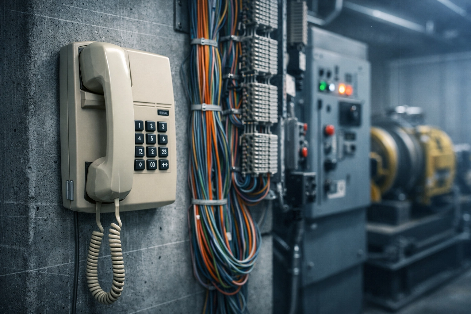Old analog POTS line telephone and copper wiring in elevator machine room