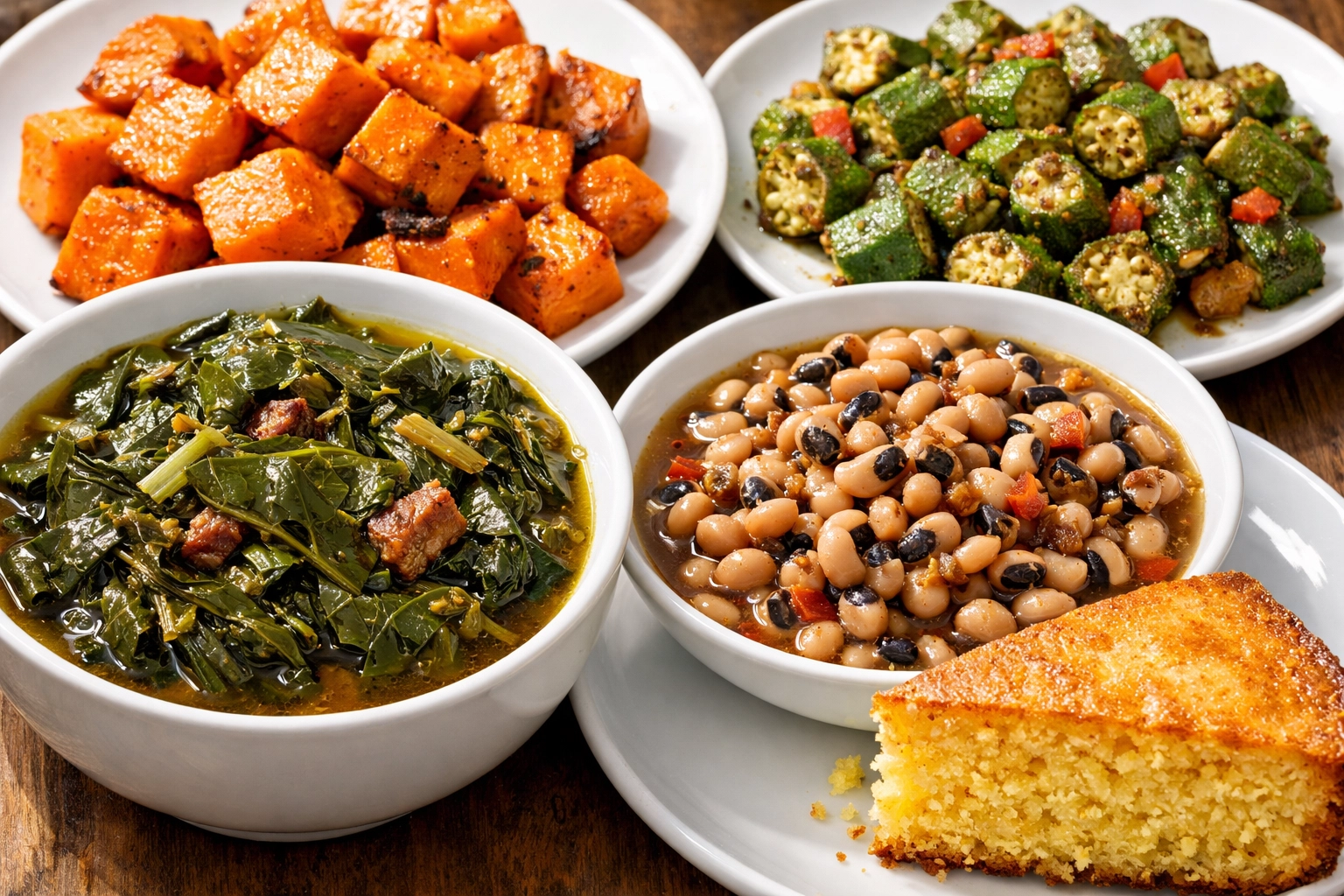 Vibrant soul food inspired spread with collard greens, black eyed peas, okra, sweet potatoes, and cornbread