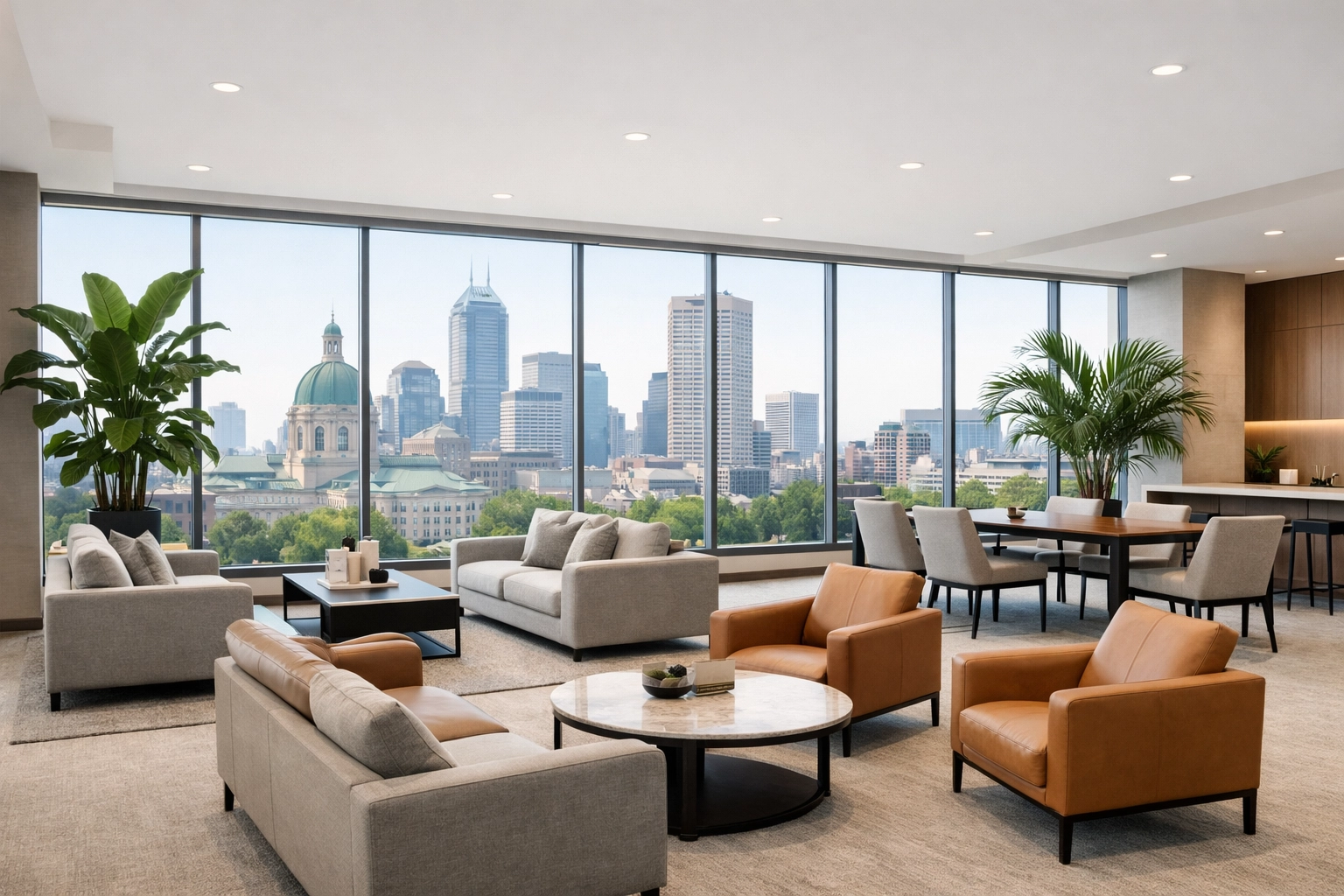Clean Indianapolis office lobby with modern furniture and floor-to-ceiling windows maintained by recurring cleaning.