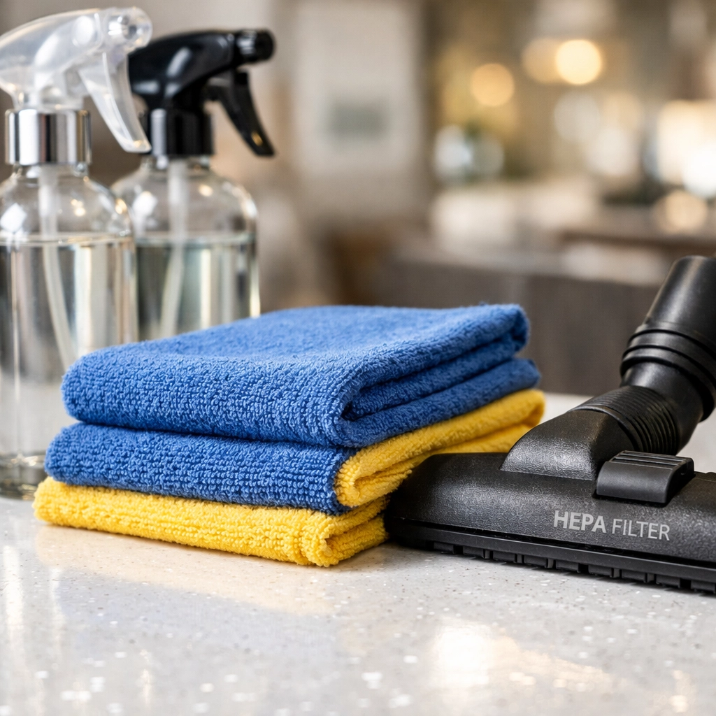 Eco-friendly supplies used for professional residential cleaning Massachusetts in a high-end home.