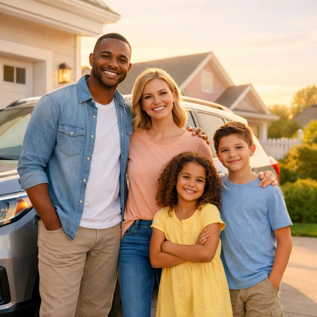 Pennsylvania family with car showing protection from adequate auto insurance coverage