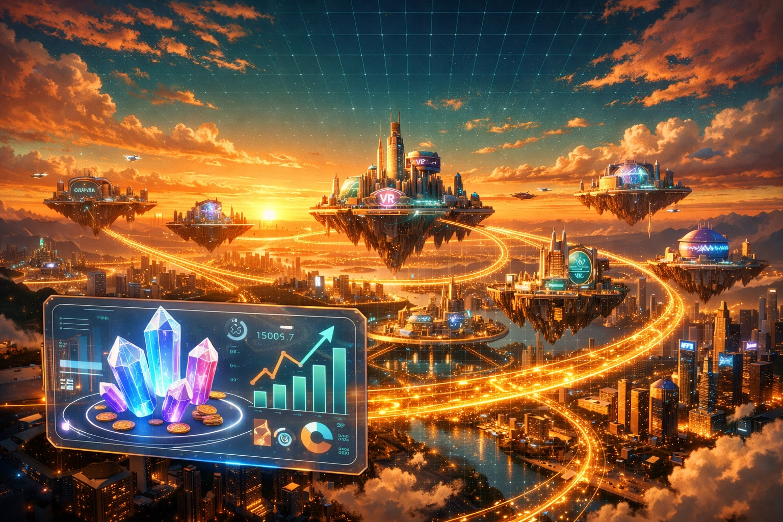 Futuristic metaverse city skyline representing the Larecoin roadmap and the future of Web3 economies.