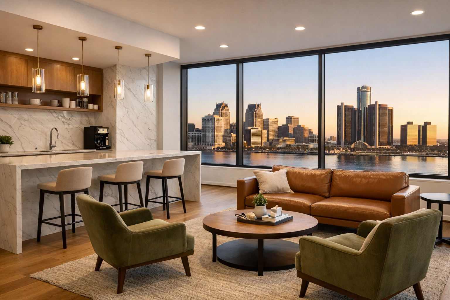 A pristine Detroit office tenant lounge with a city view, demonstrating move-in ready property maintenance.