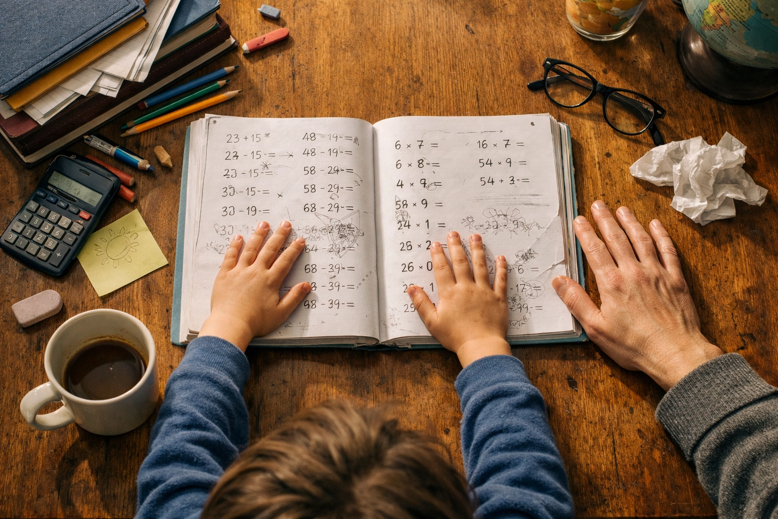 Homeschool parent and child at dining table struggling with math worksheets and learning friction