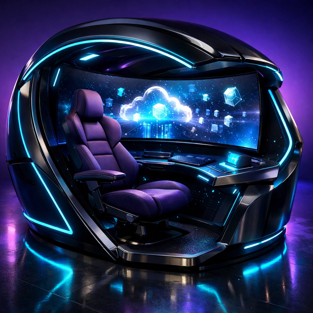 Cloud-powered learning pod with ergonomic workspace and digital displays for Gen Z education