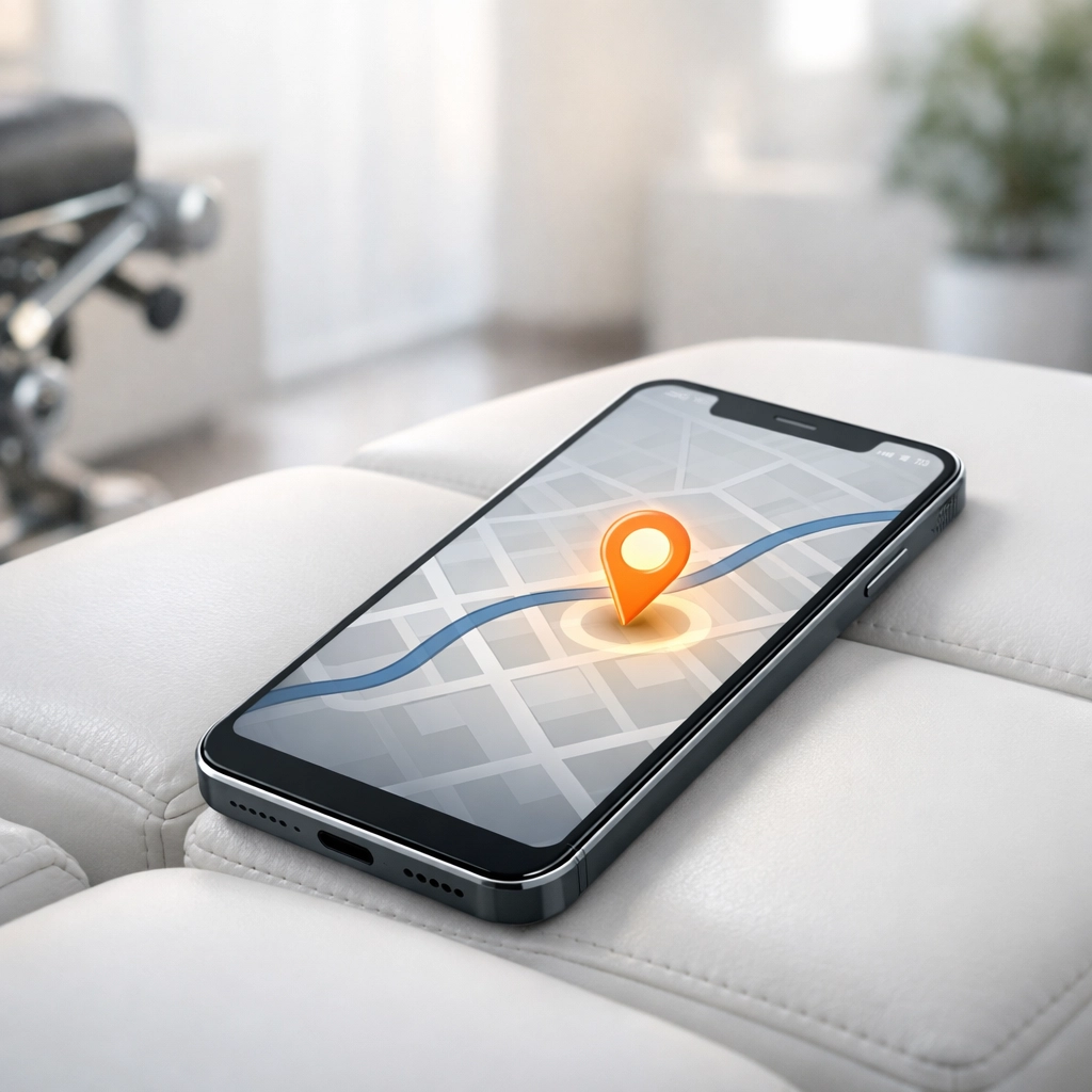 Smartphone on a chiropractic adjustment table showing a Google Maps pin for local clinic search optimization.