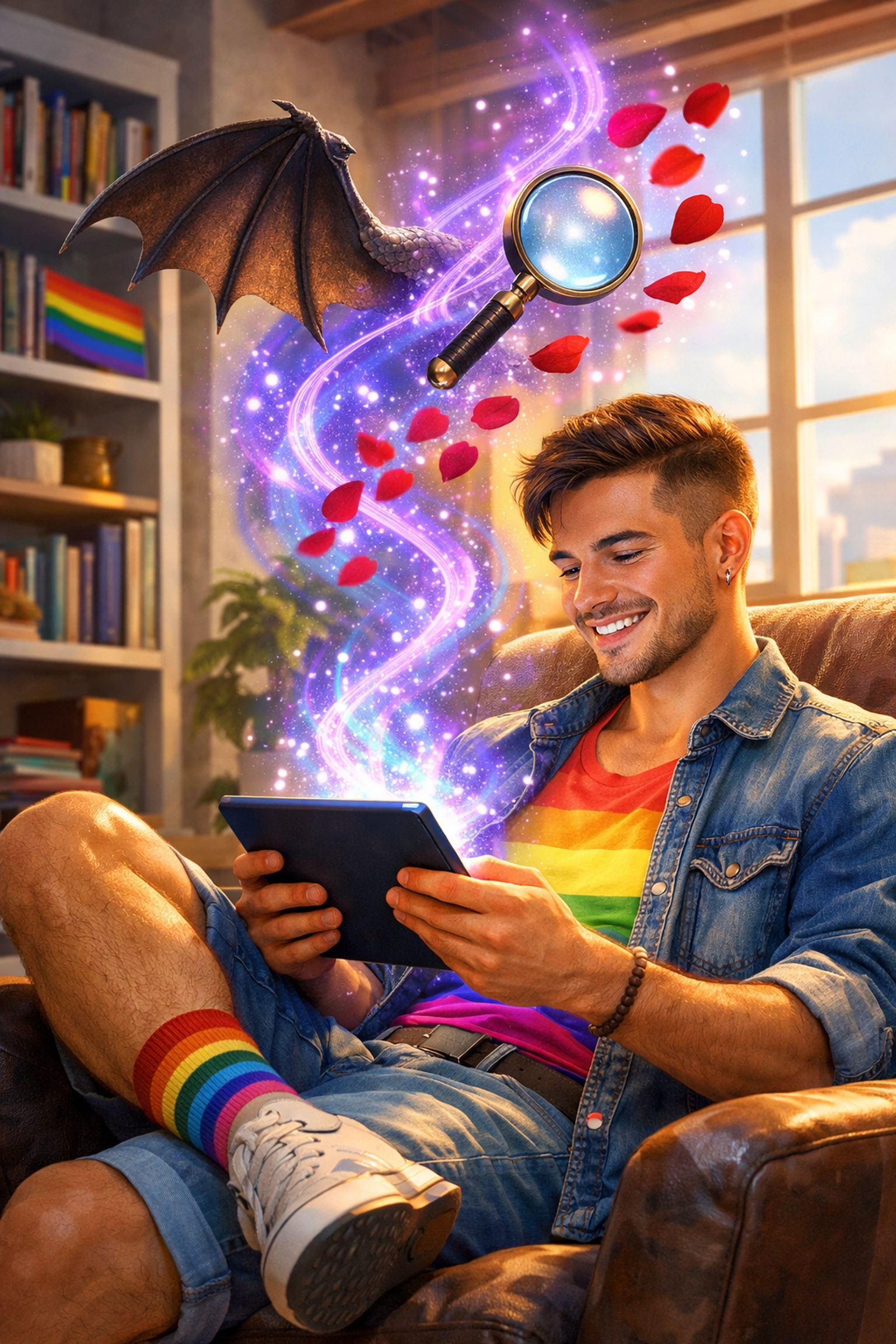 Queer author using a tablet to publish original MM novels and popular gay fantasy romance books.