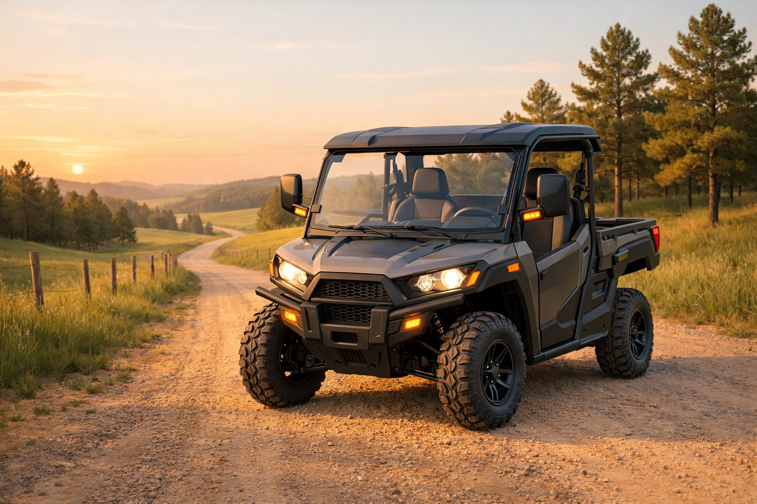 Street-legal UTV with mirrors and lights on Mississippi rural road