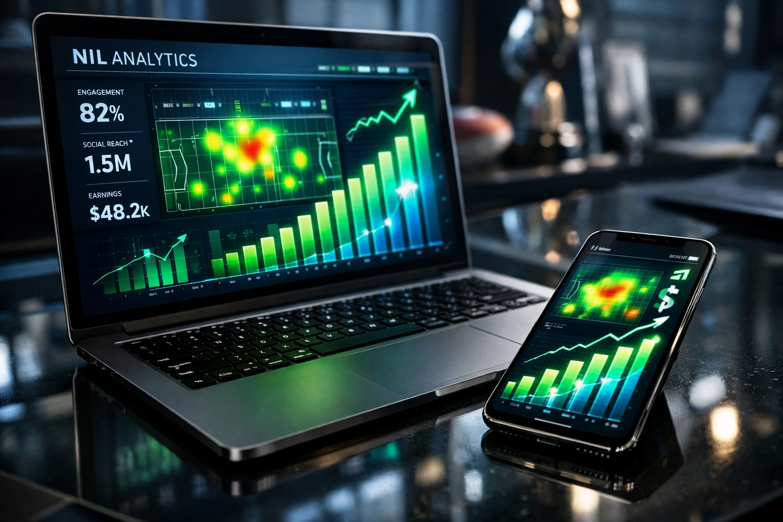 A digital marketing dashboard showing real-time engagement metrics and social media growth charts for NIL Super Bowl ROI.