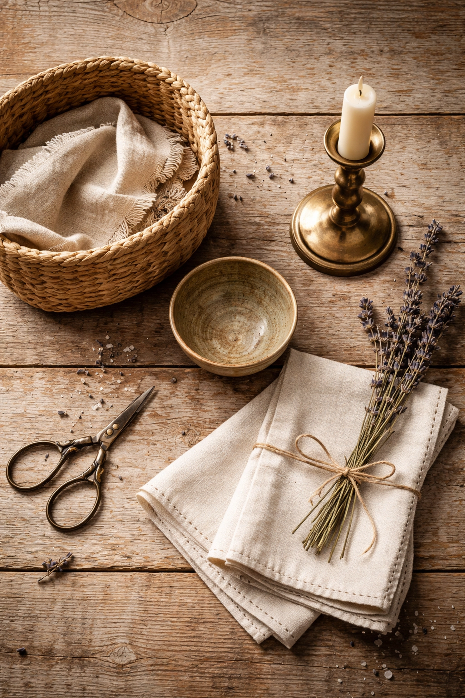 Artfully arranged flat lay of artisan home decor including woven baskets and ceramic bowl on wood