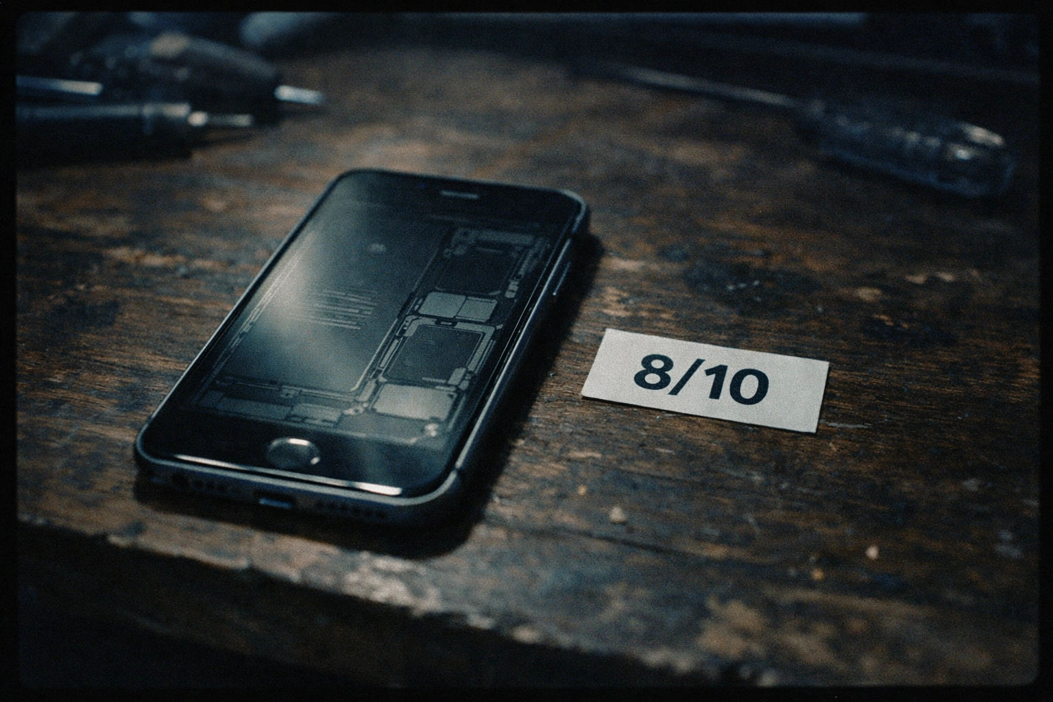 Smartphone with 8/10 repairability score label on repair workbench