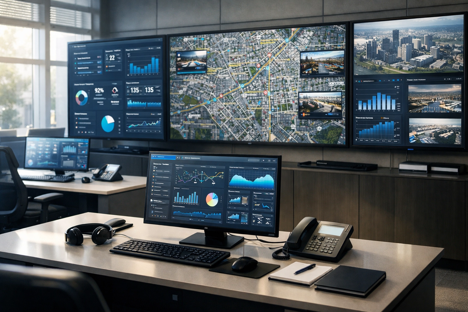 Modern government IT command center with data dashboards supporting mission-first strategy