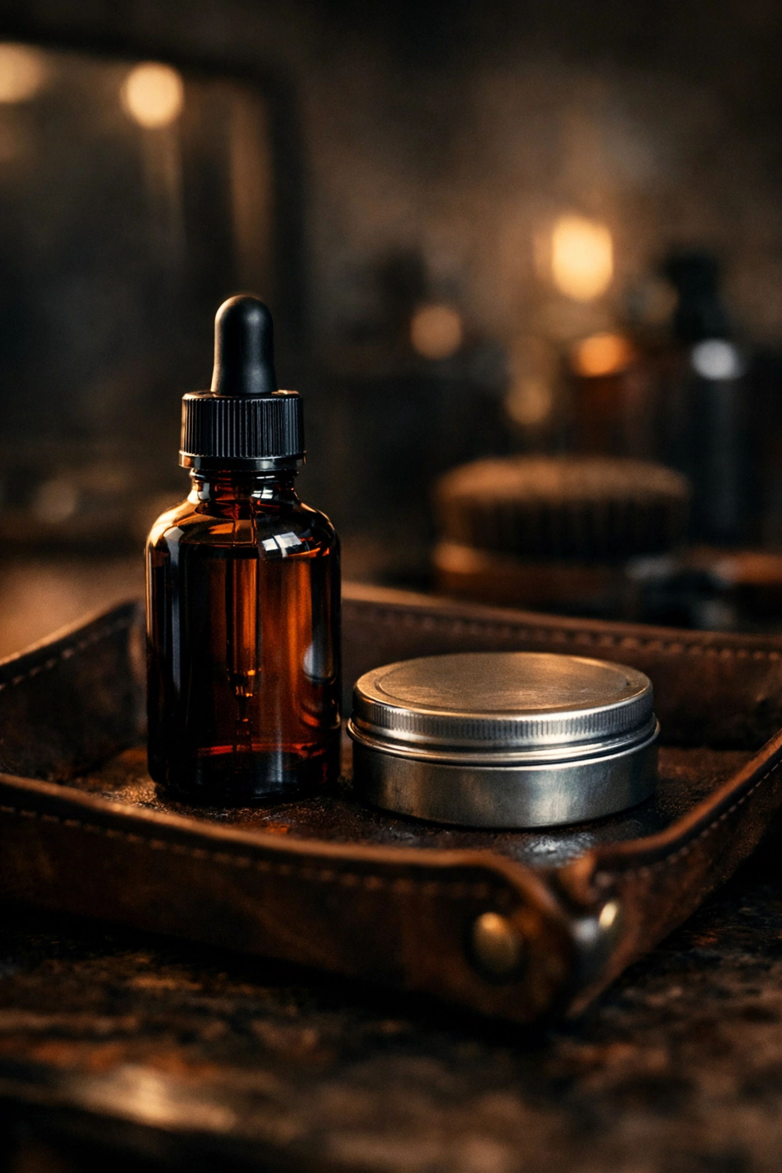Beard oil bottle and styling wax tin on a leather tray for a masculine grooming routine.