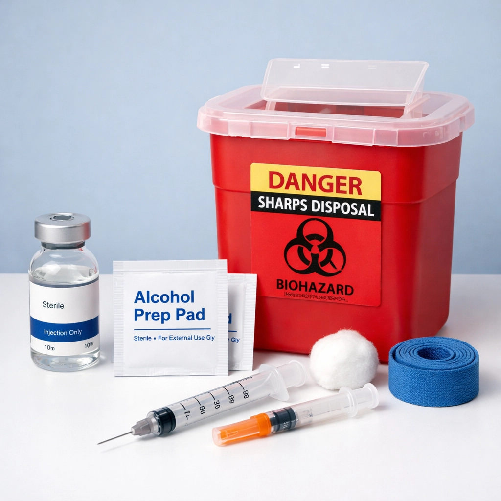Semaglutide injection supplies kit including medication vial, needles, and sharps disposal container