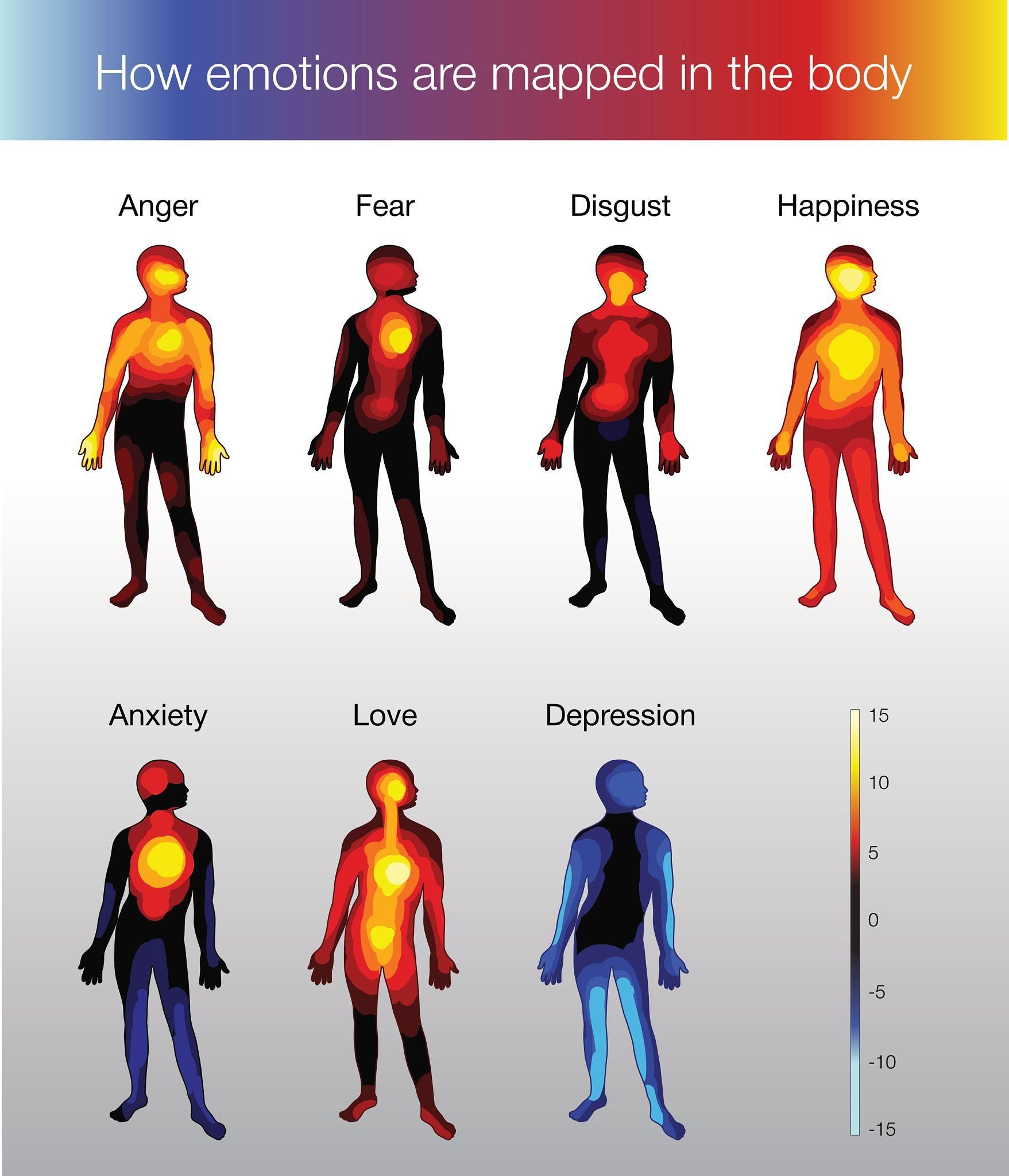 Emotion body map showing how feelings are experienced physically