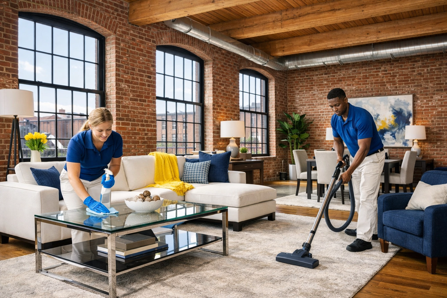 Professional team providing house cleaning Lowell MA in a modern mill-style loft.