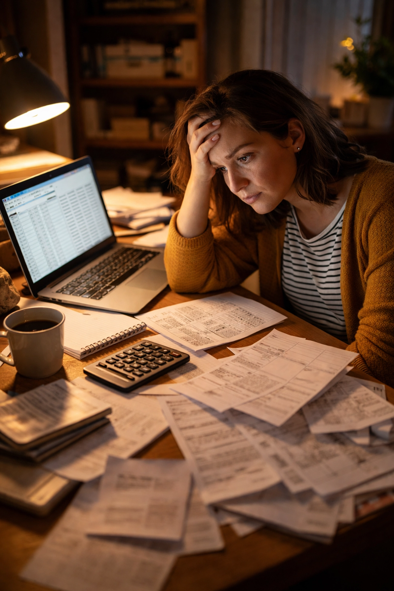 Small business owner overwhelmed by DIY accounting paperwork at cluttered home office desk