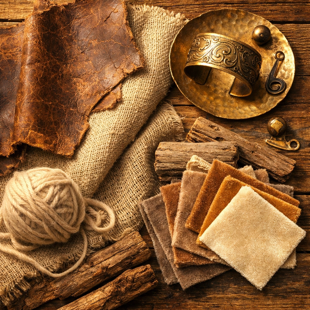 Layered textures of vintage leather, linen, wool and metalwork on rustic wooden surface