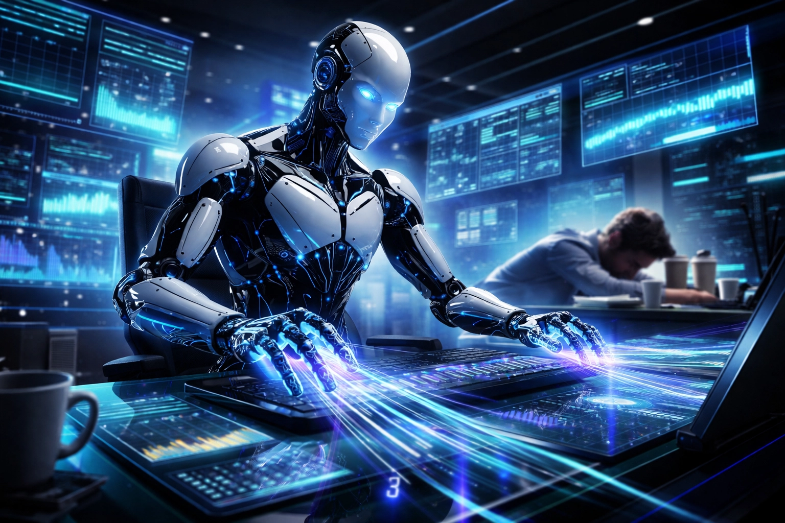 Futuristic AI robot at a digital workstation outpaces a tired human intern, highlighting AI efficiency in business tasks.